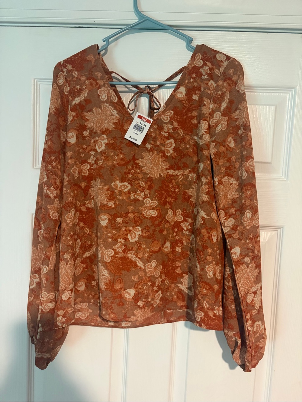 Buckle Rust Floral V-Neck Long-Sleeve Blouse with Back Tie